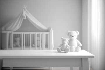 Perspective table with a plush toy in the baby room, Generative AI