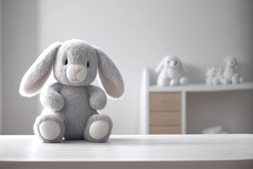 Perspective table with a bunny plush toy in the baby room, Generative AI