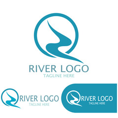 Logos of rivers, creeks, riverbanks and streams, tributaries, riverbanks with a combination of mountains and agricultural land with a modern and simple minimalist vector design concept