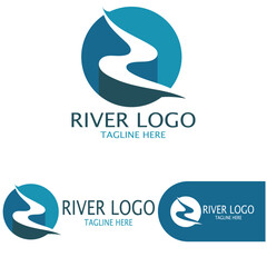 Logos of rivers, creeks, riverbanks and streams, tributaries, riverbanks with a combination of mountains and agricultural land with a modern and simple minimalist vector design concept