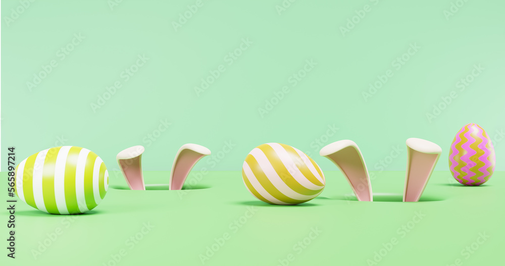 Poster easter. rabbit ears stick out of the hole in search of eggs on a green background. minimalism 3d ren