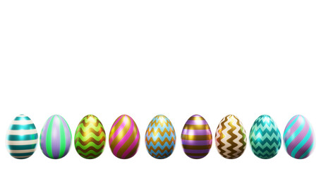 Easter different eggs in a row, a line on a white background. Minimalism 3d rendering