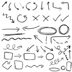 Infographic Elements Collection, Scribble Lines, Hand Drawn Arrows, Circles and Square Frames Isolated on White Background, Black Drawings Set.