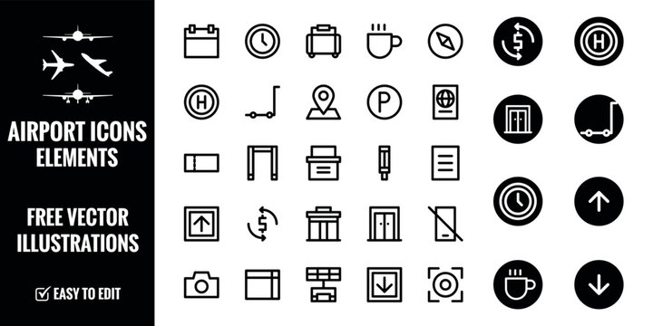 Airport vector line icon set. linear outline icons of Plane, Ticket, Baggage, WiFi, Bag, Departure, Terminal, Passport, Transport, Luggage, Airplane vector illustration isolated on white background.