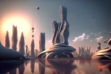 Skyline of futuristic city with fictional architecture in panoramic view . Megalopolis landscape with future construction technology from sci-fi story . Sublime Generative AI image .