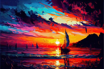 Naklejka na ściany i meble Beautiful sunset at the beach, sailboat in the distance - generative ai