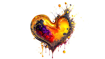 Golden love in paint splatter abstract love heart isolated in white background. Generative ai