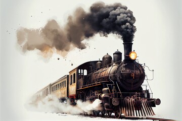 train with smoke on white background. Generative AI based.