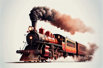 Vintage train on white background illustration. Generative AI based.
