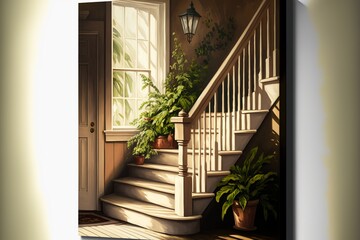 Country interior style natural wood staircase with potted plants