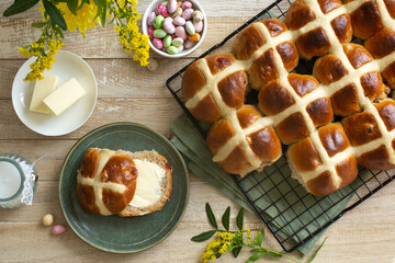 Traditional homemade Hot cross buns for Easter.