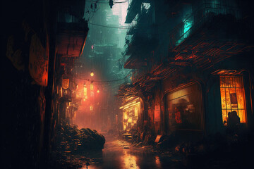 Cyberpunk street at night. AI
