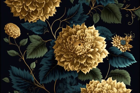 Luxurious Vintage Seamless Pattern With Golden Flowers Dahlia And Leaves Generative AI