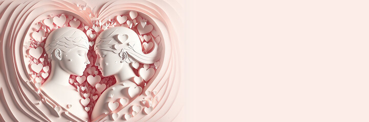 paper cut style Cute couple in love hugging with many hearts floating. Pink, white, red, pastel