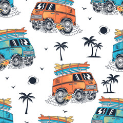 Surfing van repeat pattern. Monster truck vector seamless pattern. © cddesign.co