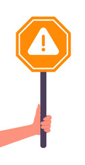 Hand holding orange road sign with warning symbol vector illustration