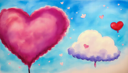 Experience the essence of Valentine's Day with a painting of heart-shaped clouds in the sky, painted in a dreamy style. Generative AI