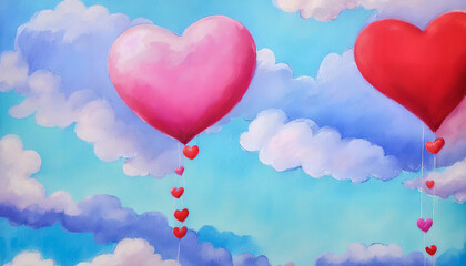 Fototapeta na wymiar Experience the essence of Valentine's Day with a painting of heart-shaped clouds in the sky, painted in a dreamy style. Generative AI
