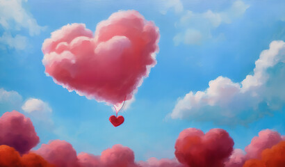 Obraz na płótnie Canvas Experience the essence of Valentine's Day with a painting of heart-shaped clouds in the sky, painted in a dreamy style. Generative AI