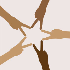 Teamwork, cooperation, diversity concept. Vector multicolor hands, arms joining, togetherness. Group of hands forming a star.