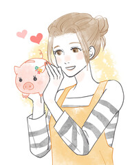 ブタさん貯金箱を持った女性