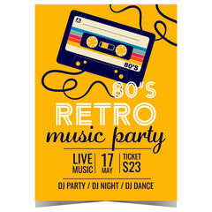 Retro music party invitation poster with audio cassette on yellow background. Vector banner or flyer design template in flat style for retro 80's concert, disco dance night or eighties show. - obrazy, fototapety, plakaty