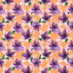 Hand drawn watercolor floral seamless pattern. Purple with orange flowers. Green leaves. Fabric pattern. Spring. Summer. Home textiles. Bed sheets.