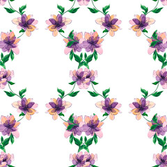 Fototapeta na wymiar Hand drawn watercolor floral seamless pattern. Purple with orange flowers. Green leaves. Fabric pattern. Spring. Summer. Home textiles. Bed sheets.