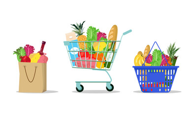 Food bag. Shopping cart and paper bag with supermarket grocery set, bread, milk, vegetables, fruits, meat, cart full of healthy fresh food, online shopping illustration. Vector clipart.