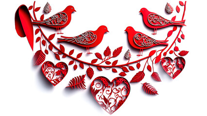 red valentines garland papercut with red birds on white isolated background. Generative ai