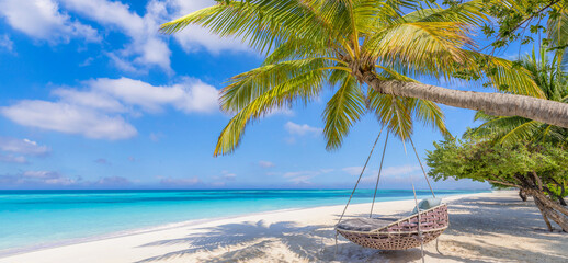 Tranquil tropical relax beach summer island landscape with beach swing hammock on palm, tranquil sea view. Amazing beach panorama vacation and summer holiday. Positive vibes panoramic travel concept