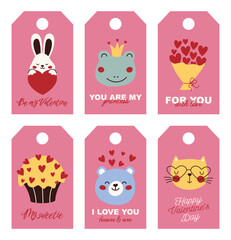Romantic Valentine's Day gift tag templates. Love tags with love messages and cute animals