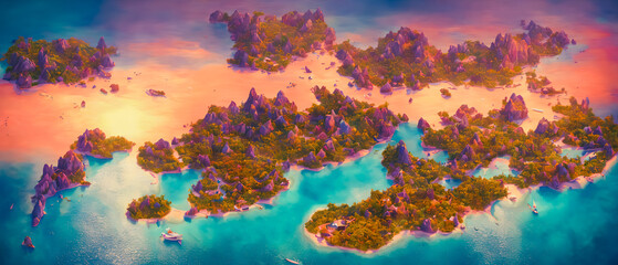 Fototapeta na wymiar Striking painting of small islands in the vast ocean amidst a stunning blue archipelago, showcasing a majestic view. Generative AI