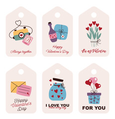 A printed collection of Valentine's Day labels. Gift and flower tags with romantic wishes