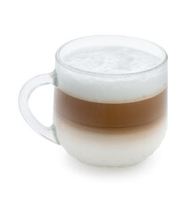 Cup of cappuccino with milk, layered coffee in glass mug isolated on a white background, close up.