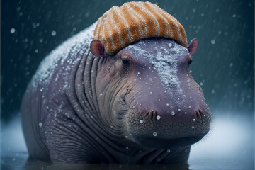 Animal wearing warm winter hat during cold winter. AI generated