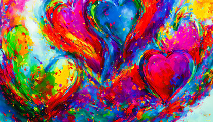 The painting depicts a Valentine's Day atmosphere with a colorful, abstract hearts in a dreamy style. Generative AI