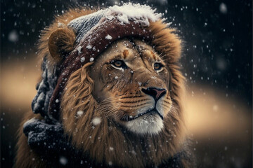 Animal wearing warm winter hat during cold winter. AI generated