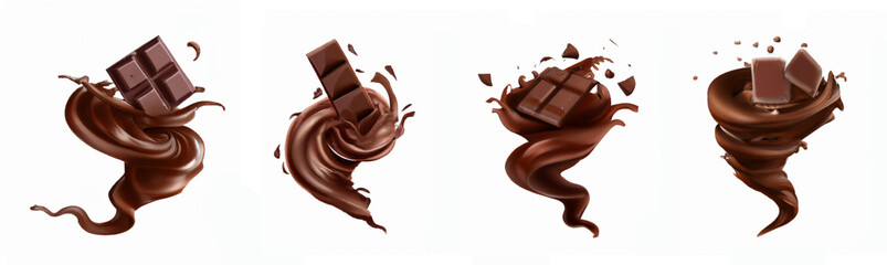 Chocolate splash in the center isolated on white background.