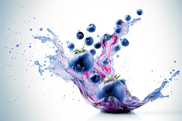 falling blueberry close-up with water splash. Generative AI