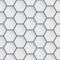 White glossy ceramic hexagon tiles seamless pattern. Modern home interior, bathroom and kitchen 3D wall texture. Vector black shiny hexagon tile wall background.