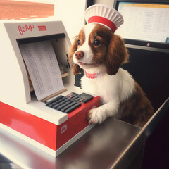 Realistic fast food cashier puppy, portrait generative ai