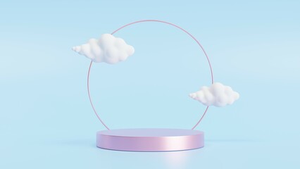 3d rendering on blue background with purple pedestal and isolated minimal cloud scene.