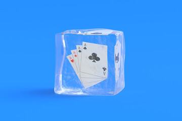 Set of playing cards aces in ice cube. 3d illustration