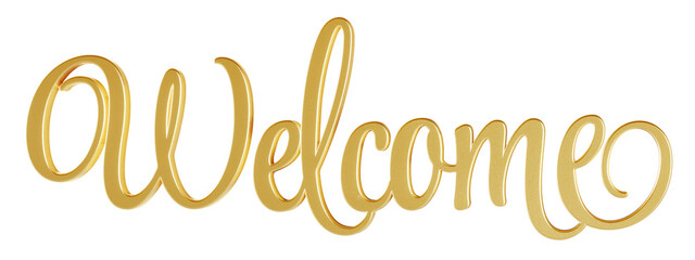 ‘Welcome’ isolated 3D text in golden script font on transparent background