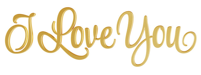 ‘I Love You’ isolated 3D text in golden script font on transparent background
