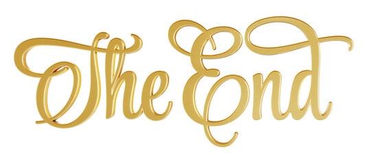 ‘The End’ isolated 3D text in golden script font on transparent background