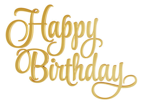 ‘Happy Birthday’ isolated 3D text in golden script font on transparent background