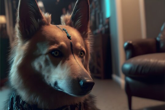 Blend Cyberpunk Futuristic Dog Photorealistic Cinematic Deep Focus Wide Angle Lens 