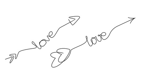 line art heart shape, arrow and love letters hand written valentine